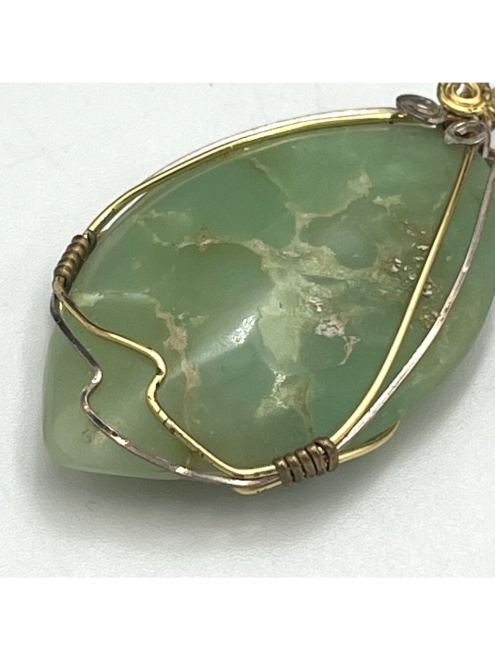 Large Green Stone Gold Tone Wire Wrapped Pendant Artisan Statement Bohemian 2.5" - Picture 6 of 10